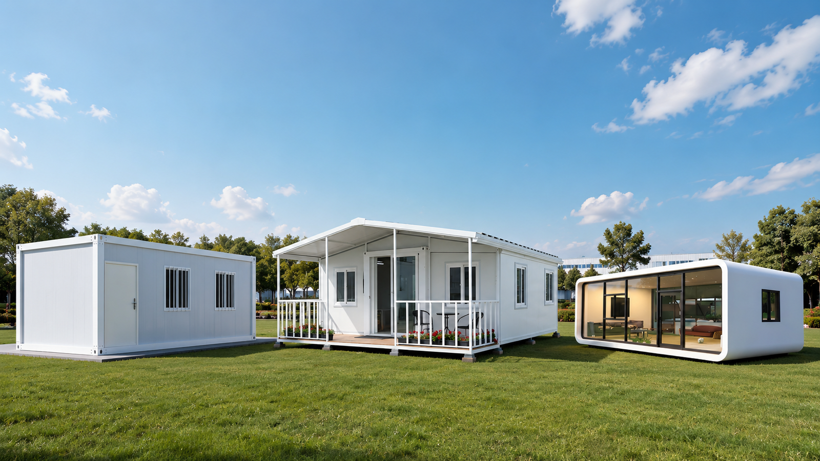 Detachable container house, expandable container house and apple cabin shown together in a yard